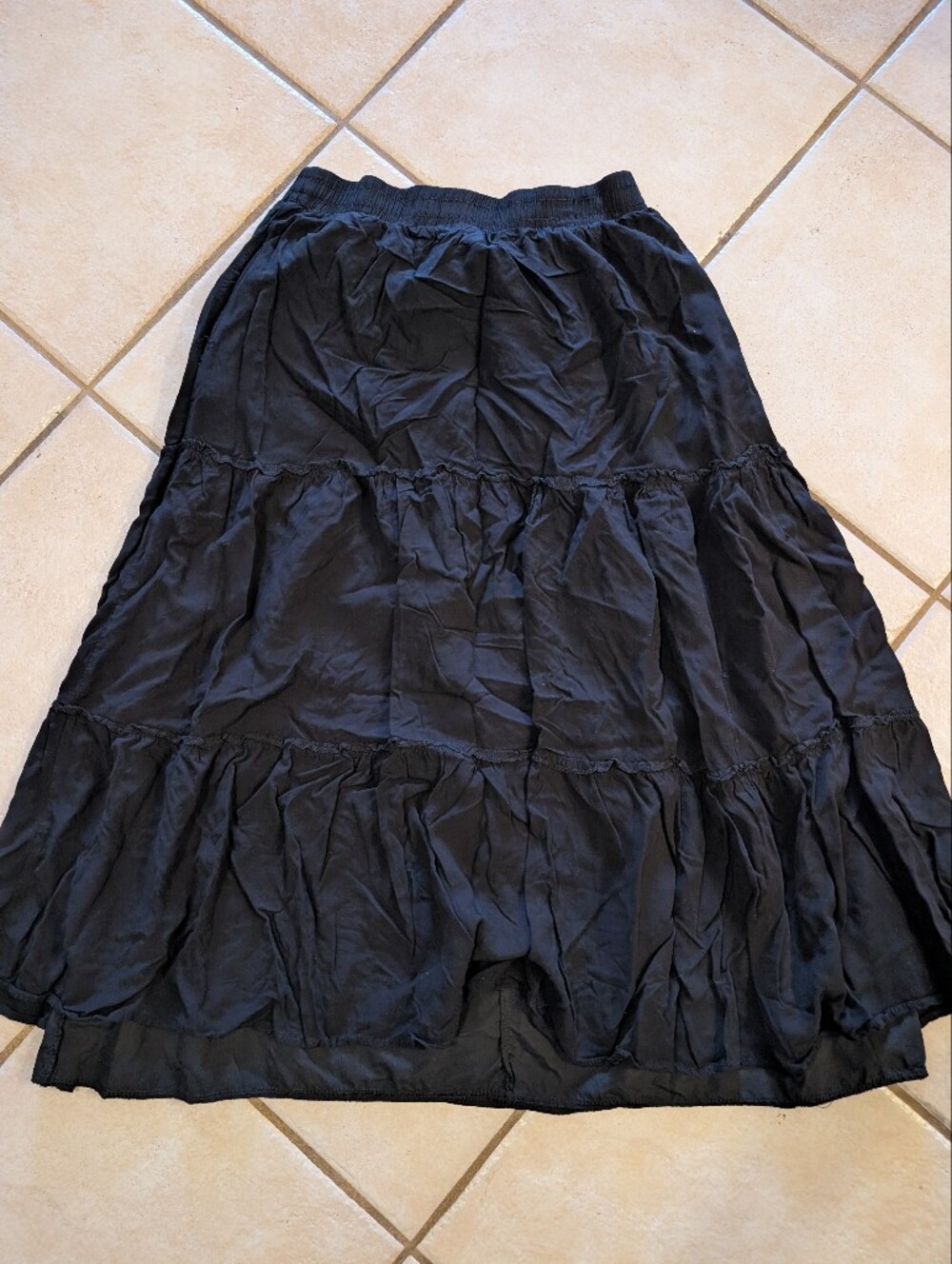 Black Tiered Midi Skirt with Elastic Waist